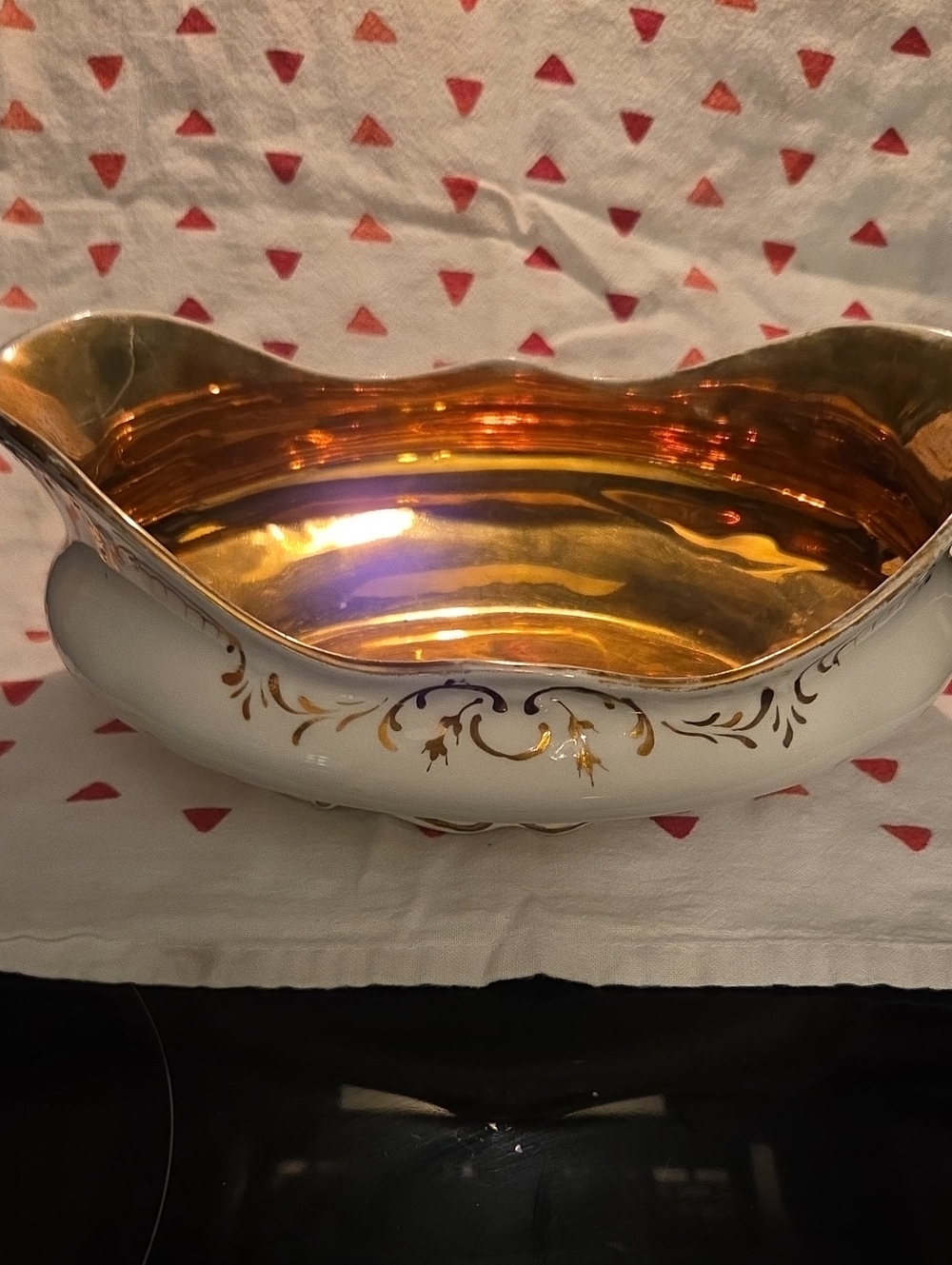 Gold-Interior White Porcelain Decorative Bowl. 11 Inches Long x 7 Inch Across